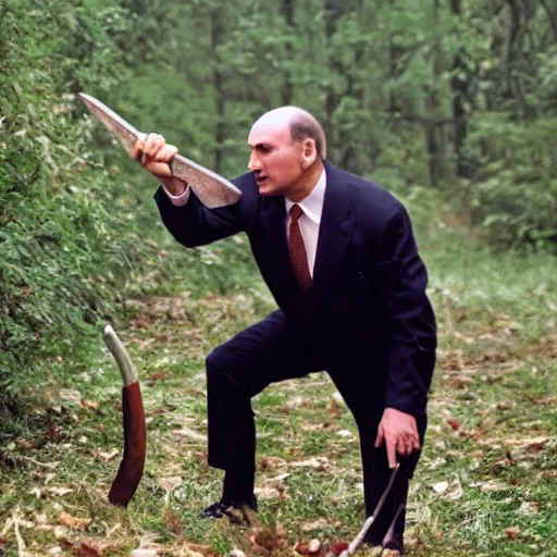 Image similar to Alexander Lukashenko as the American Psycho, staring psychopathically, sweating hard, holding an axe, covered in blood, cinematic still