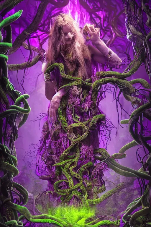 Prompt: Shaman of the purple forest, neon cloak, mycelium, fungi, vines, ultradetailed, volumetric lighting, 4k UHD, film poster.