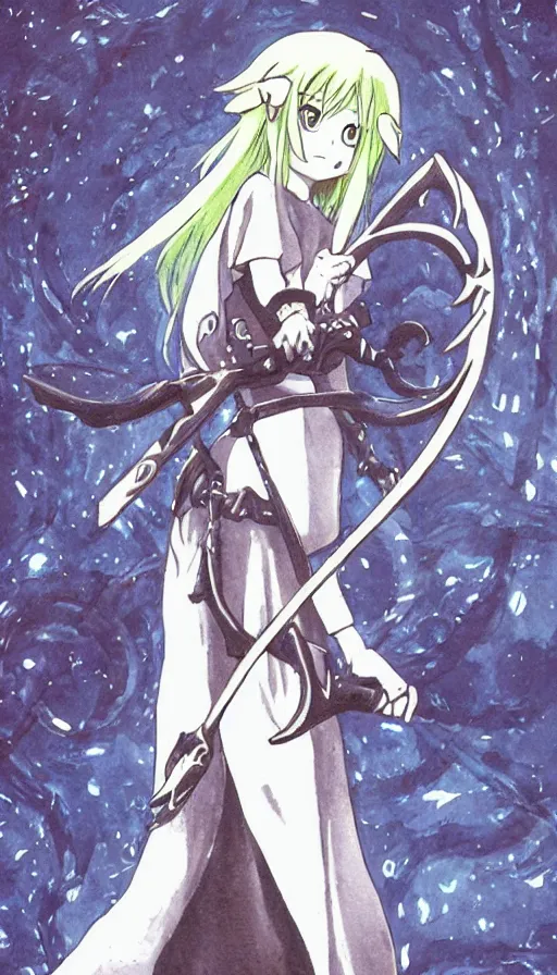 Prompt: a beautiful link drawing of the being death as a cute anime girl with a giant scythe from a studio ghibli film inspired by the death tarot card, dark vibes