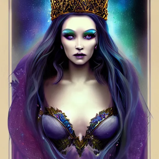 Prompt: detailed portrait of a dark fairy queen, crown, pixie, iris, realism, pale blue, emerald, galaxy, sapphire,dark purple crown,leaves, moonlit, dark fantasy, dramatic lighting, cgsociety, artstation