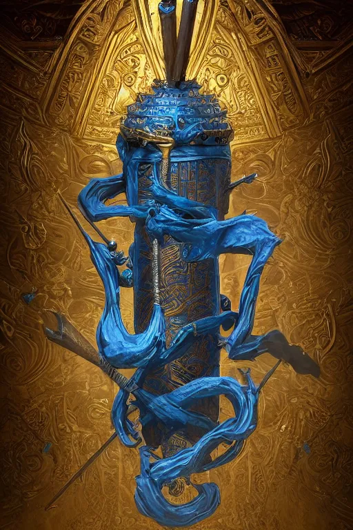 Image similar to fantasy greg rutkowski digital painting of an ornate and royal egyptian old twisted organic ornate engraved with gold wooden staff weapon with a radiant blue crystal on top tip hovering, unreal engine, hyper realism, realistic shading, cinematic composition, blender render, octane render, hdr, detailed textures, photorealistic, 3 5 mm film