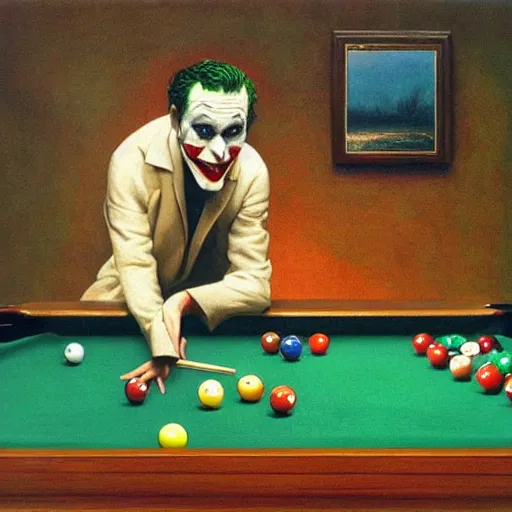 Prompt: the joker playing pool by tooker, george, surrealism, magical realism, scene