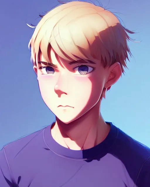 Image similar to teen boy with buzzed hair, blonde, bangs, blue eyes, bushy eyebrows, goofy grin, portrait shinkai makoto studio ghibli studio key hideaki anno sakimichan stanley artgerm lau rossdraws james jean marc simonetti elegant highly detailed digital painting artstation pixiv