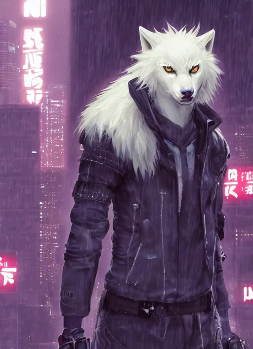 Image similar to character portrait of a male anthro albino wolf fursona with a tail and a cute beautiful attractive detailed furry face wearing stylish cyberpunk clothes in a cyberpunk city at night while it rains. hidari, color page, tankoban, 4K, tone mapping, Akihiko Yoshida. Nomax, Kenket, Rukis.