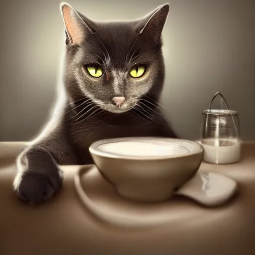 Prompt: cat drinking milk in a modern house concept art, sharp focus, digital art, Hyper-realistic, 4K, Unreal Engine, Highly Detailed, HD, Dramatic Lighting by Brom, trending on Artstation