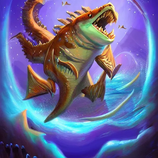 Image similar to 🦈 🐊 🐈 , fantasy digital art, magical background in the style of hearthstone artwork