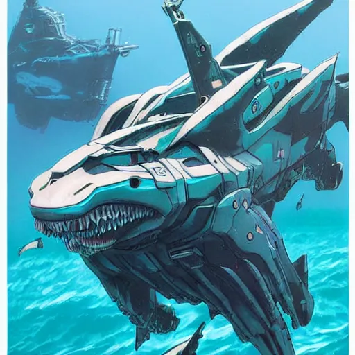 Image similar to aquatic gundam with a shark face, amphibious mobile suit by wayne barlowe, pascal blanche, victo ngai