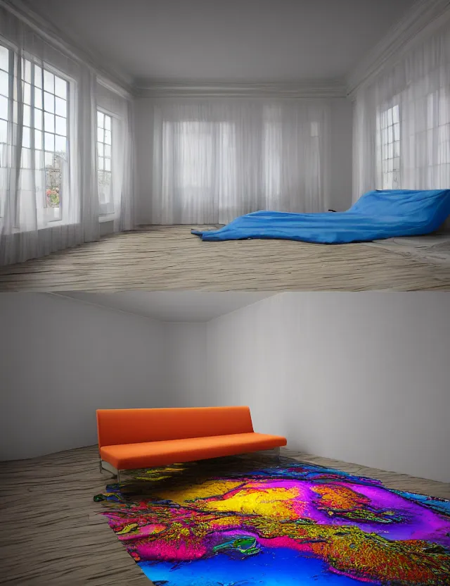 Prompt: wide angle colorful photo of floating bed above floor in the middle of epic room with windows opening to other dimensions by andrzej sykut by lee madgewick by m. c. escher, photorealistic, octane render, recursive!!!!, flowing, cascading, multiverse!!!!!!, labyrinthine, optical illusion