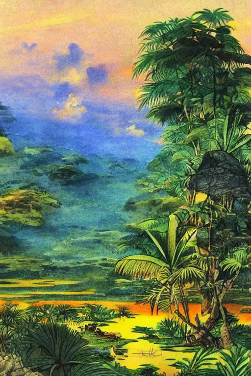 Image similar to a 2D drawing of a beautiful Philippine landscape, colorful and exotic by hiroshi yoshida