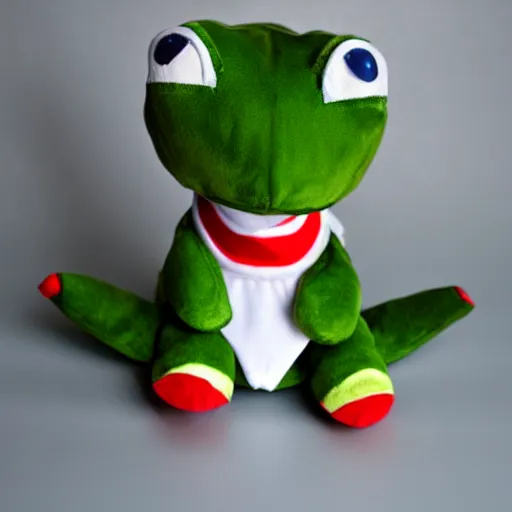 Image similar to stuffed animal frog wearing a sailor suit, plushie photography,