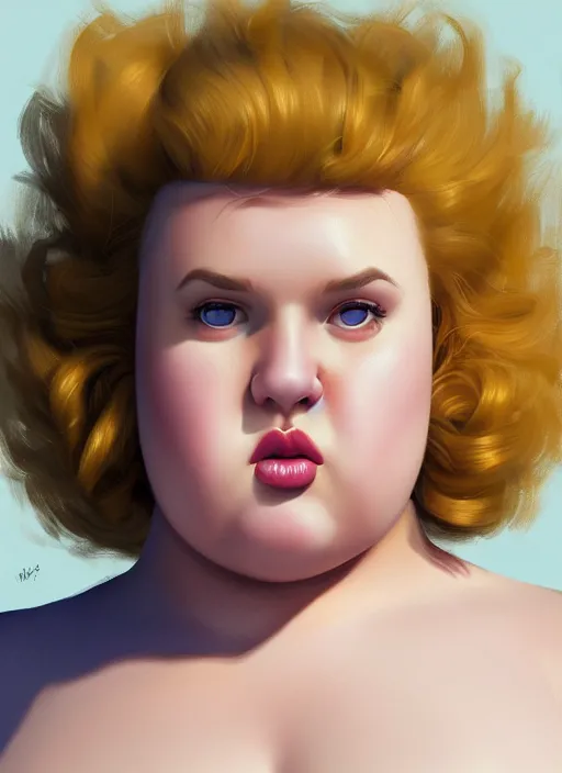 Image similar to full body portrait, teenage betty cooper, blonde hair, obese, bangs, ponytail, sultry, realistic, sultry smirk, fluffy bangs, curly bangs, fat, belly, beautiful girl, intricate, elegant, highly detailed, digital painting, artstation, concept art, smooth, sharp focus, illustration, art by wlop, mars ravelo and greg rutkowski