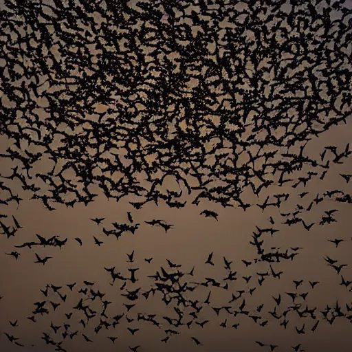 Image similar to swarm of bats in the shape of a woman, high resolution photograph, dawn light
