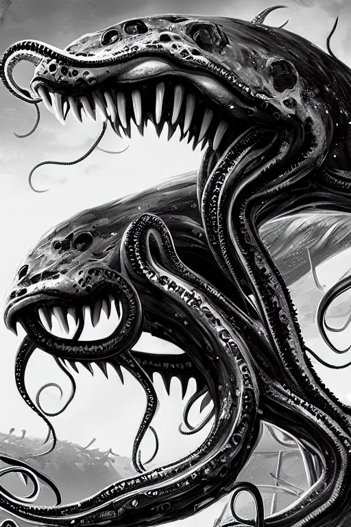 Prompt: black and white, sea enemies, extra teeth, tentacles, highly detailed, digital painting, artstation, concept art, sharp focus, illustration, unreal engine 5, 8 k