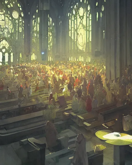 Image similar to craig mullins and ghibli digital matte art of a crowd in a futuristic church, priest, pews, ethereal, inviting, bright, unreal engine, hyper realism, realistic shading, cinematic composition, realistic render, octane render, detailed textures, photorealistic, wide shot