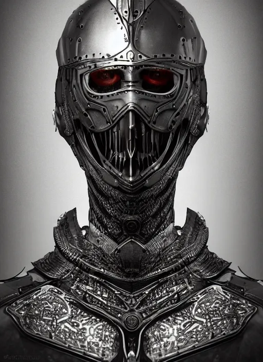 Image similar to portrait of king arthur knight cyborg, studio portrait against a black background, modern fine art, fractal, intricate, elegant, highly detailed, digital photography, subsurface scattering, in the style of ghost, by jheronimus bosch and yue minjun and giger and greg rutkowski,