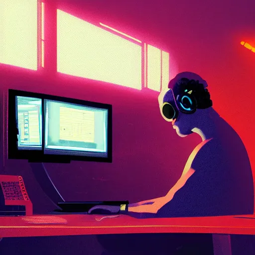 Prompt: a vibrant artstation illustration of a tech savy man typing away at a computer workstation, room illuminated by workstation monitor, cyberpunk, by greg rutkowski,