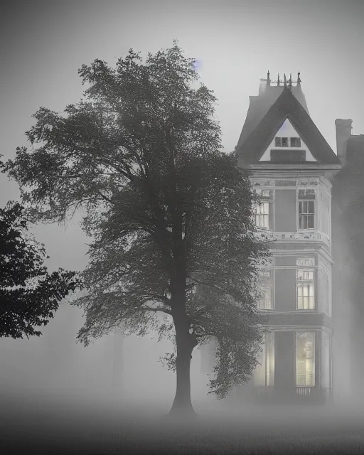 Image similar to a wide angle low photo of a ghostly victorian mansion howvering above a misty forest at night, volumetric light, epic proportions