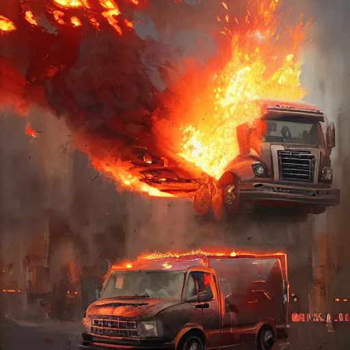 Prompt: rent - a - center truck on fire by greg rutkowski
