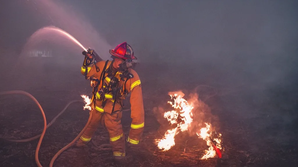 Image similar to photo of a firefighter using a flamethrower projecting a long flame