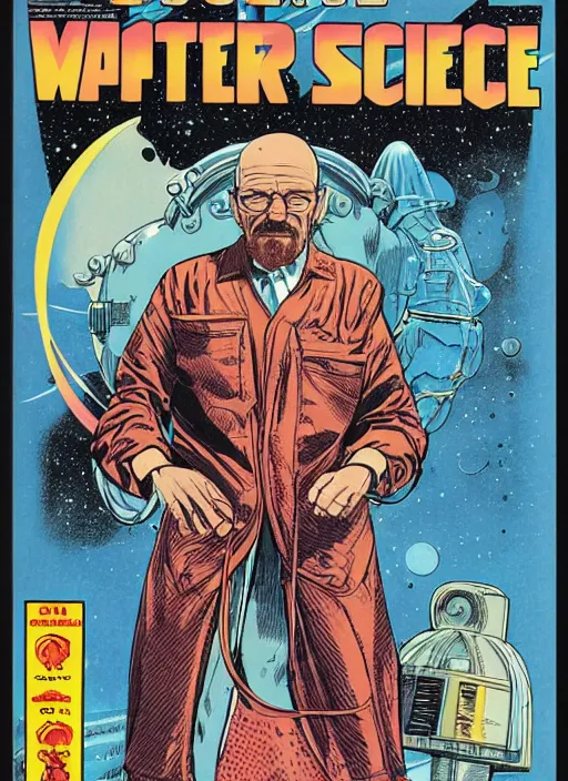 Prompt: Walter White as space wizard in retro science fiction cover by Moebius, vintage 1960 print