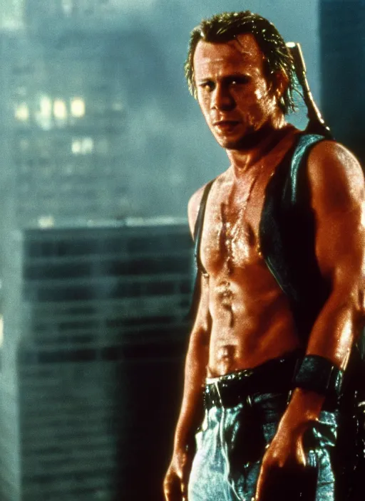 Image similar to film still of Heath Ledger as John McClane in Die Hard, 4k