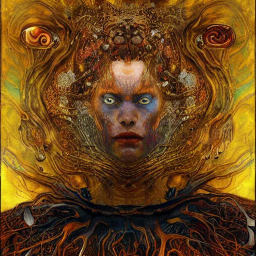 Prompt: Visions of Hell by Karol Bak, Jean Deville, Gustav Klimt, and Vincent Van Gogh, nightmare portrait, infernal, visionary, otherworldly, fractal structures, ornate gilded medieval icon, third eye, hellfire, stygian, spirals, cosmic horror