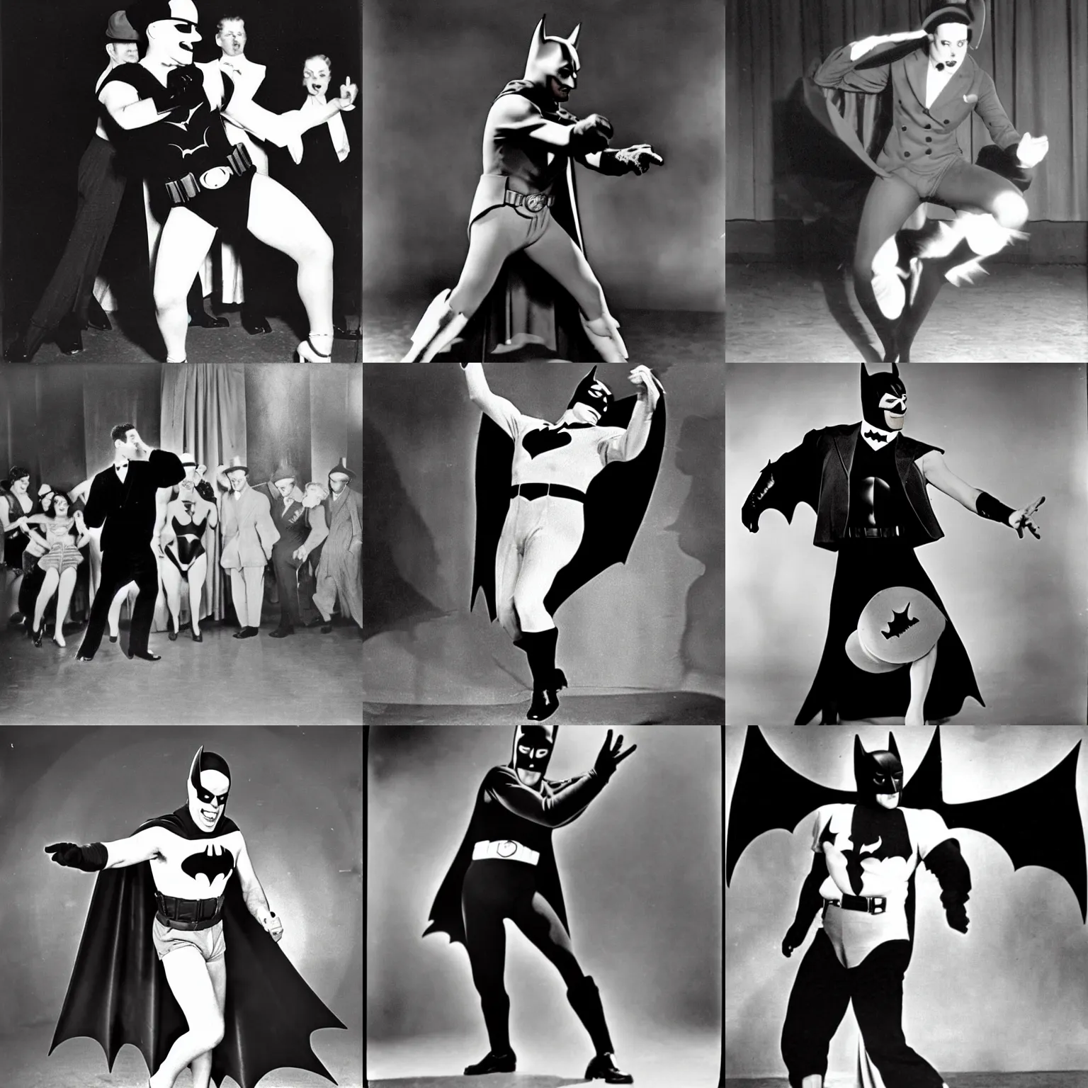 Prompt: batman dancing in a vaudeville show, 1 9 4 0 s television still, vintage photography