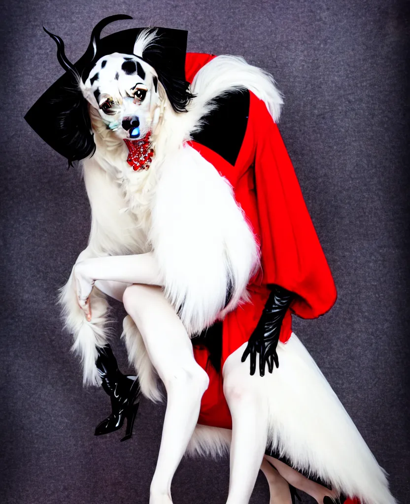 Image similar to cruella in a stunning dress posing for photographers