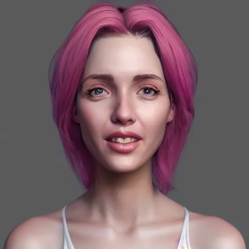 Image similar to the most beautiful woman in the world, in the style of Julia Razumova, beautiful, happy expression, cheery, unreal engine, octane rendering, 8k, closeup headshot, smooth, trending on artstation, digital illustration, pink hair