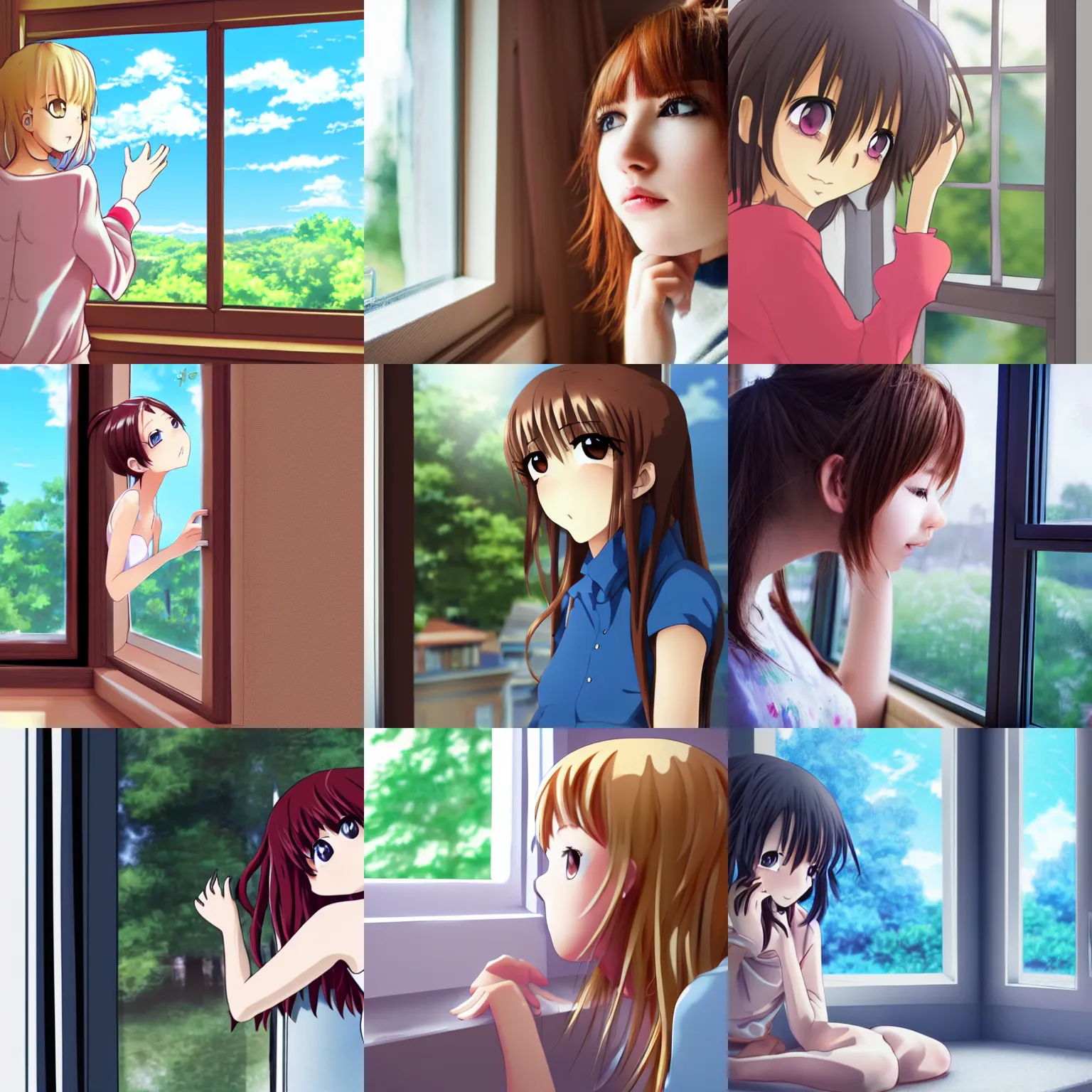 Prompt: cute beautiful anime girl looking out her window wondering dreaming