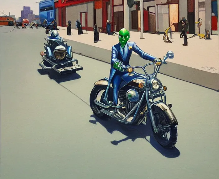 Image similar to a very detailed painting of a alien wearing a suit, riding a motorbike down a street, harley davidson motorbike, worm's - eye view, very fine brush strokes, very aesthetic, very futuristic, in the style of edward hopper and grant wood and syd mead, 4 k,