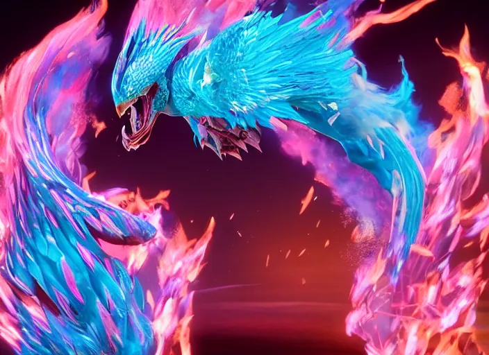 Image similar to pink and blue flaming phoenix, unreal engine 5, intricate, detailed, realistic