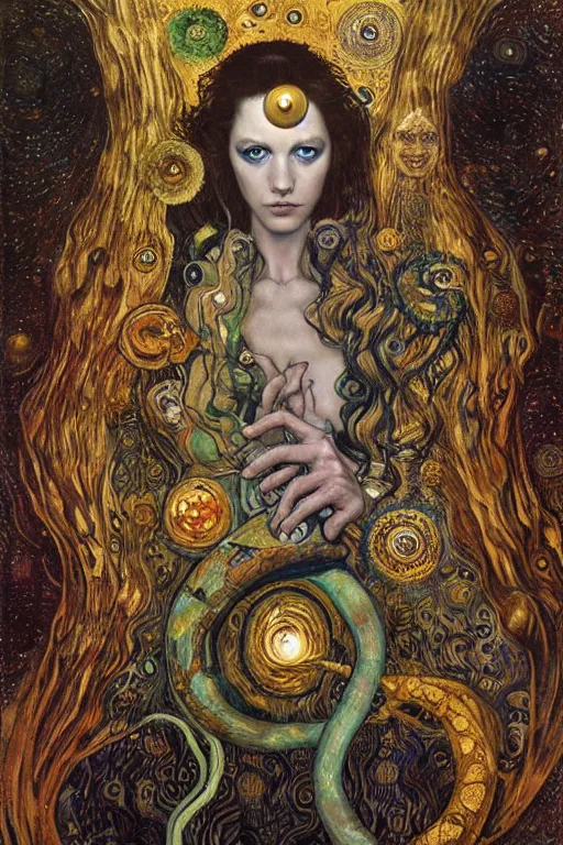 Image similar to Rebirth by Karol Bak, Jean Deville, Gustav Klimt, and Vincent Van Gogh, Rebirth, Loki's Pet Project, mystical portrait of a serpent deity, Surreality, otherworldly, fractal structures, arcane, ornate gilded medieval icon, third eye, spirals