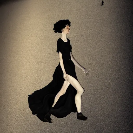 Image similar to a girl with long white long dress walking in black sand desert crows around her by egon schiele and michael angelo, baroque, neo Gothic,matte painting, baroque detailes,photo real,concept art,highly detailed,sharp lines, hdri, 4k