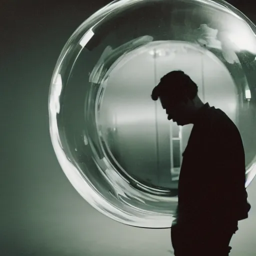 Image similar to movie still of a man inside a bubble, artsy film, beautiful composition, 3 5 mm film