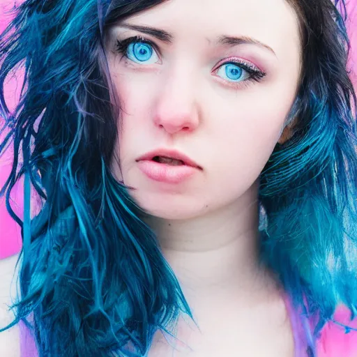 Image similar to a photo of a young woman with short wavy black hair. moody and melanchonic. with a little bit of cyan and pink