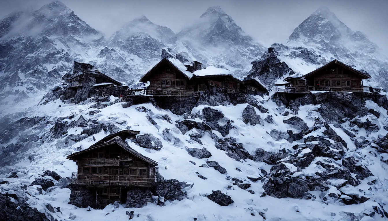 Prompt: a mountain hut on the peak of Mount Everest, covered in snow, raging blizzard, grey clouds, stunning photo, cinematic lighting, perfect, 8K, ultra-detailed , Trending on artstation, Octane render, Unreal Engine, highly detailed,