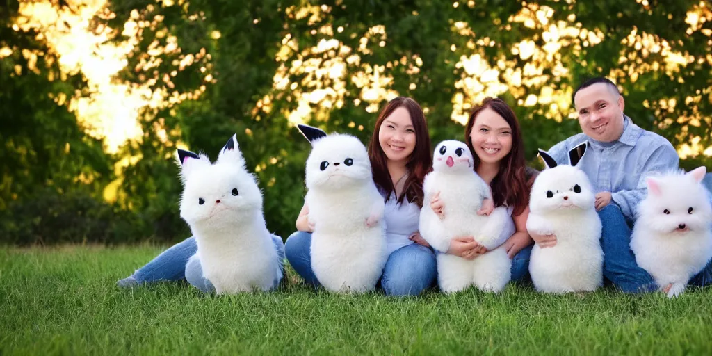 Image similar to real life pokemon family photo, cute!!!, chuncky!!!, adorable!!!, fluffy!!!, ultra realistic!!!, golden hour, sharp focus