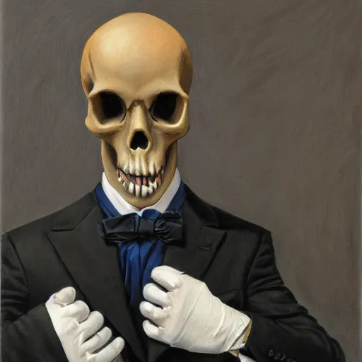 Prompt: portrait of a suited man with medical gloves and a skull mask, by Gerald Brom