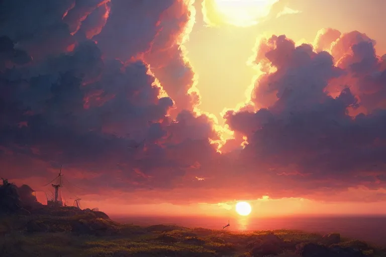 Image similar to a highly detailed matte painting of beautiful sunset by studio ghibli, makoto shinkai, by artgerm, by wlop, by greg rutkowski, volumetric lighting, octane render, 4 k resolution, trending on artstation, masterpiece