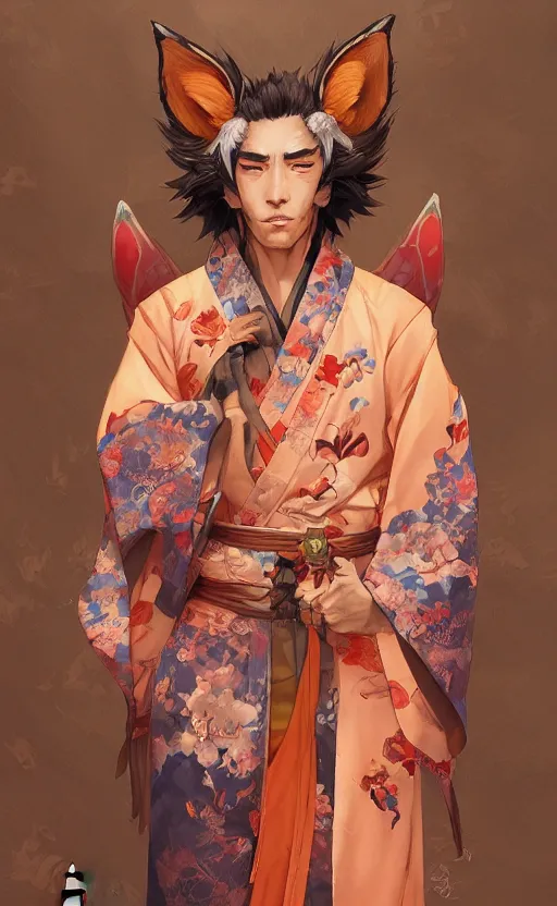 Image similar to An beautiful digital painting of a beautiful man with fox ears and nine tails wearing a kimono, by Stanley Artgerm Lau, WLOP, Rossdraws, James Jean, Andrei Riabovitchev, Marc Simonetti, and Sakimichan, tranding on artstation, SFW version