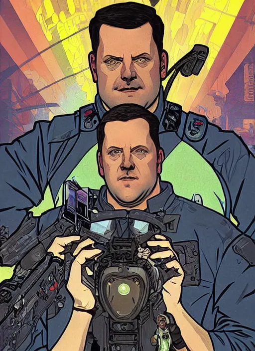 Image similar to cyberpunk paul blart fighting real cop. portrait by ashley wood and alphonse mucha and laurie greasley and josan gonzalez and james gurney. spliner cell, apex legends, rb 6 s, hl 2, d & d, cyberpunk 2 0 7 7. realistic face. vivid color. dystopian setting.