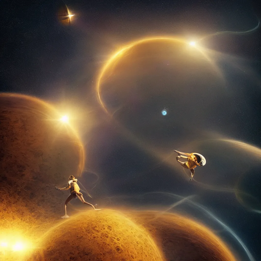 Image similar to “a woman flying from planet earth to planet Jupiter in an golden disk with a trail of golden light bending the reality behind her, highly detailed in 4K”