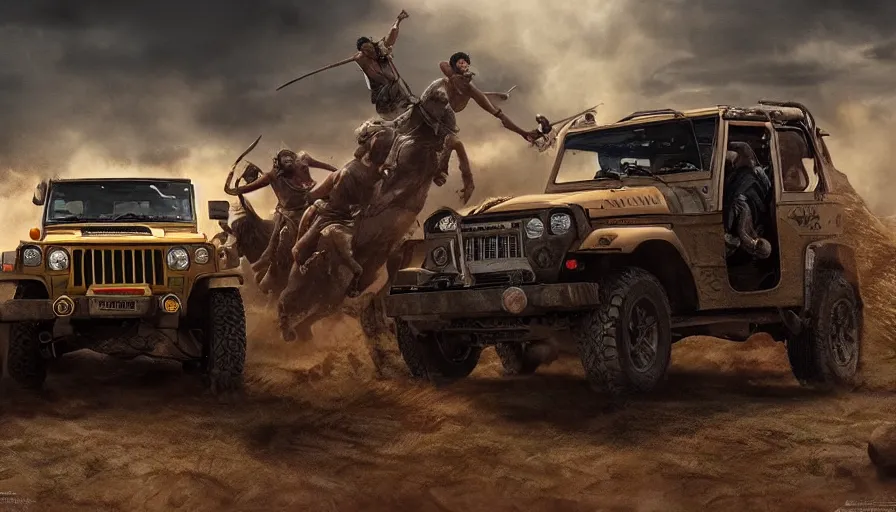 Image similar to Mahindra thar, tribe members attacking, furious action scene, Chase, an epic fantasy, dramatic lighting, cinematic, establishing shot, extremely high detail, photorealistic, cinematic lighting, artstation, by christopher nolan, horizon forbidden west