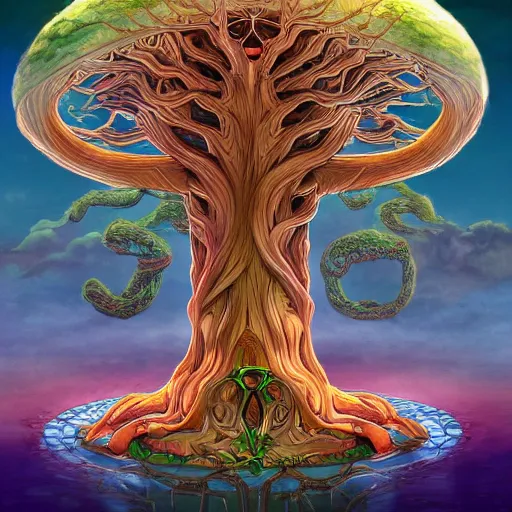 Image similar to yggdrasil the tree of life, avatar the last airbender, Alex Grey, Studio Ghibli, mobius, k pop, featured on artstation