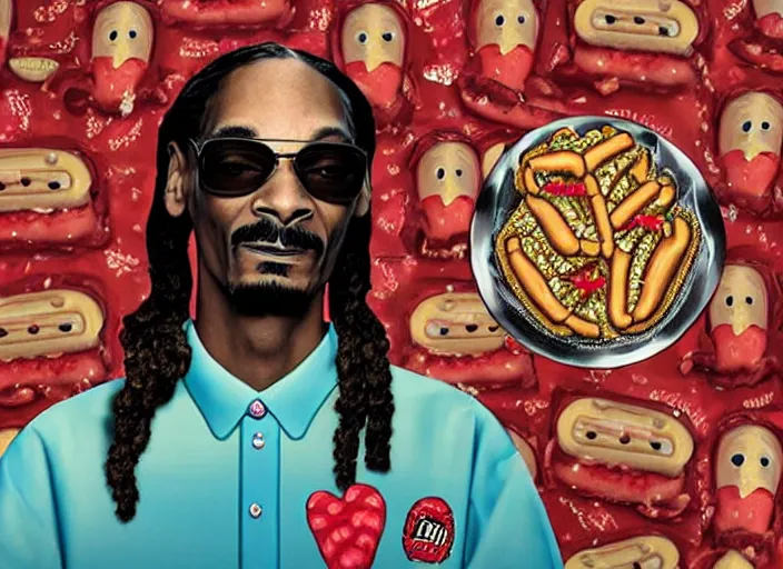 Image similar to snoop dogg inside made of hot dog, lowbrow, matte painting, 3 - d highly detailed, in the style of mark ryden,