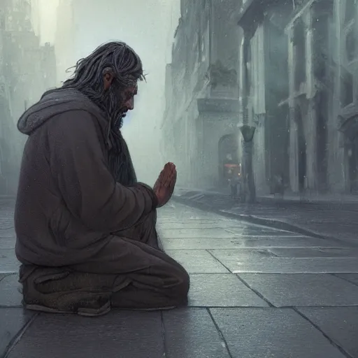 Image similar to an homeless man praying on the streets, dark, sad, digital painting, artstation, concept art, soft light, hdri, smooth, sharp focus, illustration, fantasy, intricate, elegant, highly detailed, D&D, matte painting, in the style of Greg Rutkowski and Alphonse Mucha and artemisia, 8k,