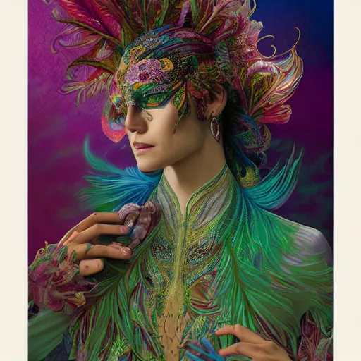 Image similar to A reality bending psychedelic ayahuasca experience, colorful, distorted, surreal, tropical bird feathers, dramatic lighting on the face, intricate lace, elegant fabric, highly detailed, digital painting, concept art, smooth, sharp focus, illustration, art by Krenz Cushart and Wayne Barlowe and alphonse mucha