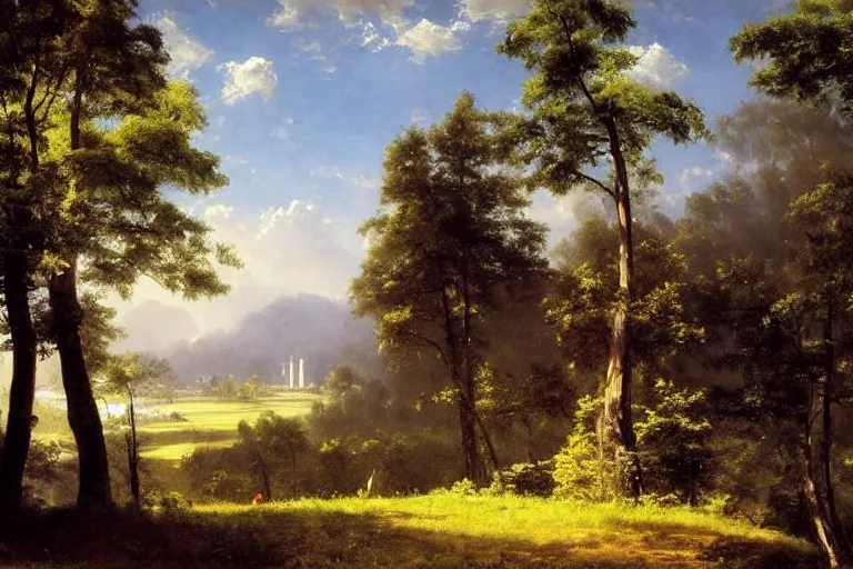 Image similar to Very beautiful painting by Albert Bierstadt and City Hunter anime HD and Naïve Art HD and Toei animation backgrounds, a beautiful landscape of the french countryside with a big science fiction spherical factory on a hill, nice lighting, soft and clear shadows, low contrast, perfect