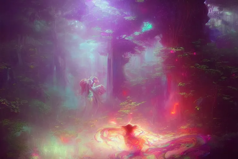 Image similar to a psychedelic realm hidden away in a pocket of ethereal understanding, astral beings sharing love greg rutkowski wlop lisa frank bob ross, ruan jia